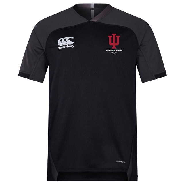 The Indiana University Women Vapodri Evader Jersey by EMB Canterbury is a black short-sleeve rugby top with grey shoulders, moisture-wicking tech, the Canterbury logo on the right chest, and "IU Women's Rugby Club" logo on the left.