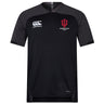 The Indiana University Women Vapodri Evader Jersey by EMB Canterbury is a black short-sleeve rugby top with grey shoulders, moisture-wicking tech, the Canterbury logo on the right chest, and "IU Women's Rugby Club" logo on the left.