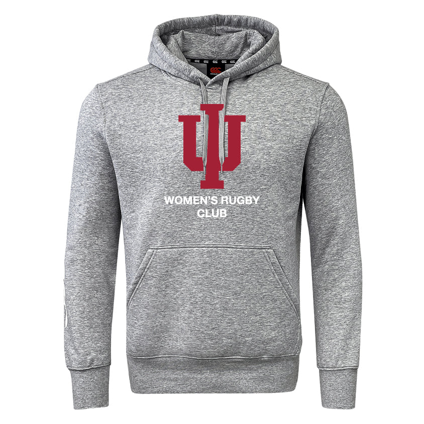 The Indiana University Women Club Hoodie by Canterbury from WRS Canterbury features a gray design with a large red "IU" logo and "Women's Rugby Club" text—ideal as a custom team hoodie for any rugby club.