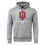 The Indiana University Women Club Hoodie by Canterbury from WRS Canterbury features a gray design with a large red "IU" logo and "Women's Rugby Club" text—ideal as a custom team hoodie for any rugby club.