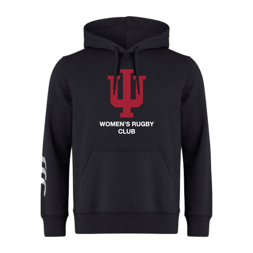 The Indiana University Women Club Hoodie by WRS Canterbury is a black hoodie with a large red "IU" logo, "Women's Rugby Club" text on the front, and white stripes on the right sleeve.