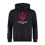 The Indiana University Women Club Hoodie by WRS Canterbury is a black hoodie with a large red "IU" logo, "Women's Rugby Club" text on the front, and white stripes on the right sleeve.