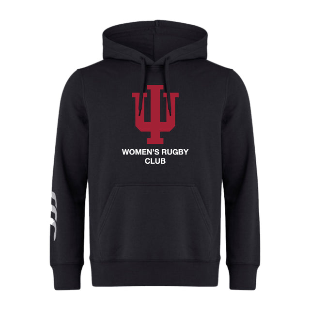 The Indiana University Women Club Hoodie by WRS Canterbury is a black hoodie with a large red "IU" logo, "Women's Rugby Club" text on the front, and white stripes on the right sleeve.