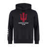 The Indiana University Women Club Hoodie by WRS Canterbury is a black hoodie with a large red "IU" logo, "Women's Rugby Club" text on the front, and white stripes on the right sleeve.