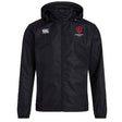The Indiana University Women Club Vaposhield Stadium Jacket by Canterbury is a black, water repellent, hooded jacket with a full zipper, featuring the EMB Canterbury and IU Women's Rugby Club logos on the chest. Perfect for rugby stadium outings.