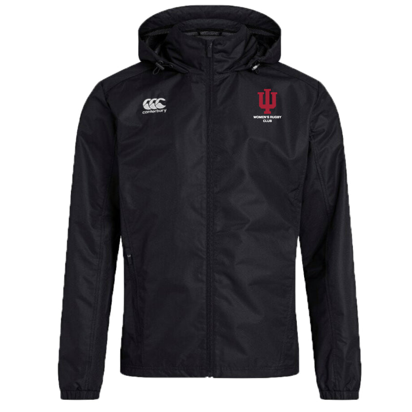 The Indiana University Women Club Vaposhield Stadium Jacket by Canterbury is a black, water repellent, hooded jacket with a full zipper, featuring the EMB Canterbury and IU Women's Rugby Club logos on the chest. Perfect for rugby stadium outings.