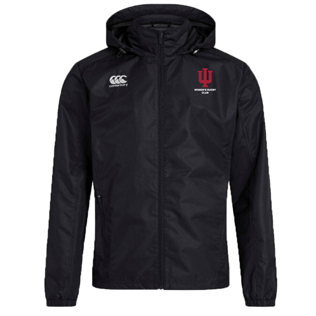 The Indiana University Women Club Vaposhield Stadium Jacket by Canterbury is a black, water repellent, hooded jacket with a full zipper, featuring the EMB Canterbury and IU Women's Rugby Club logos on the chest. Perfect for rugby stadium outings.