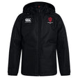 The EMB Canterbury Indiana University Women Club Vaposhield Full Zip Rain Jacket is black, water resistant, features a Canterbury logo on the left chest and the Indiana University Women’s Rugby Club logo on the right chest.