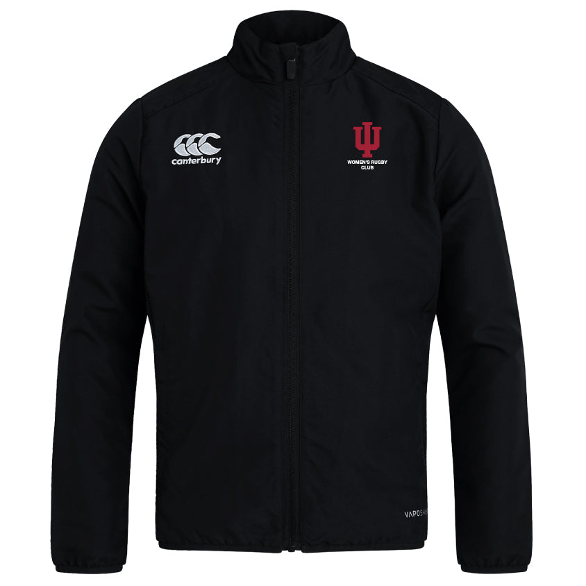 The Indiana University Women Club Track Jacket by Canterbury features the EMB Canterbury logo on the right chest and a red "IU Women's Rugby Club" emblem on the left, offering lightweight comfort and style on or off the field.