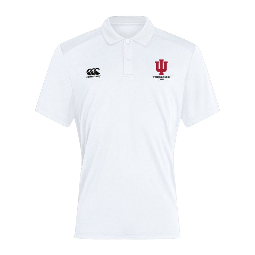 The Indiana University Women Club Dry Polo by Canterbury features the Canterbury logo on the right chest and IU Women's Rugby Club logo on the left, made with Vapodri Technology for breathable comfort on and off the field.