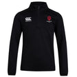 The Indiana University Women Club 1/4 Zip Mid Layer Training Top by EMB Canterbury features a black design with the Canterbury logo on the right chest and a red IU Women's Rugby Club logo on the left—ideal as a custom rugby training top.