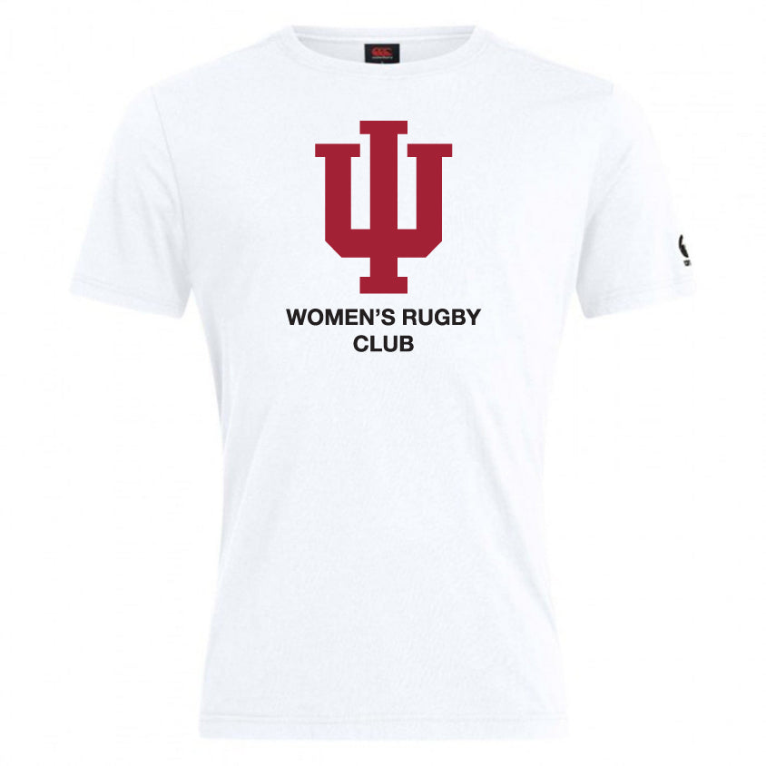 The Indiana University Women Club Plain Tee by WRS Canterbury is a white cotton-blend t-shirt with a bold red "IU" logo and "Women's Rugby Club" printed in black on the front.