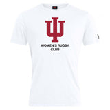 The Indiana University Women Club Plain Tee by WRS Canterbury is a white cotton-blend t-shirt with a bold red "IU" logo and "Women's Rugby Club" printed in black on the front.