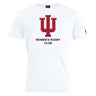 The Indiana University Women Club Plain Tee by WRS Canterbury is a white cotton-blend t-shirt with a bold red "IU" logo and "Women's Rugby Club" printed in black on the front.