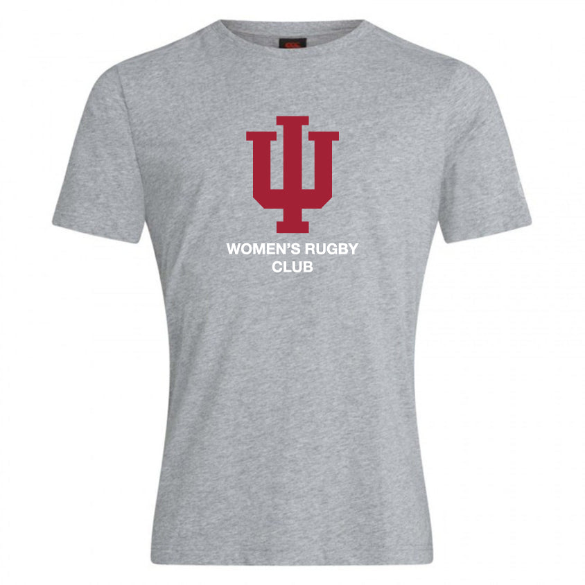 Show team spirit in the Indiana University Women Club Plain Tee by WRS Canterbury—a gray cotton-blend t-shirt with a bold red IU logo and "WOMEN'S RUGBY CLUB" in white, perfect for customization.