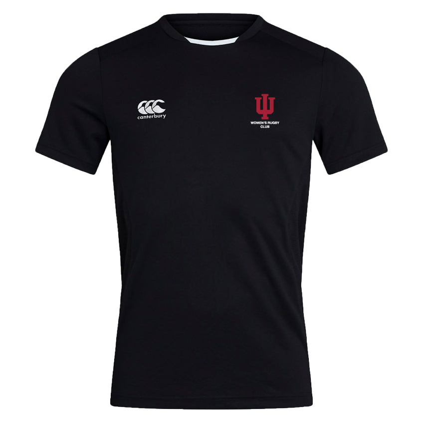 The Indiana University Women Club Dry Tee by EMB Canterbury is a black short-sleeve workout shirt with a breathable design, featuring the Canterbury logo on the right chest and the IU Women's Rugby Club logo on the left.