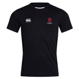 The Indiana University Women Club Dry Tee by EMB Canterbury is a black short-sleeve workout shirt with a breathable design, featuring the Canterbury logo on the right chest and the IU Women's Rugby Club logo on the left.