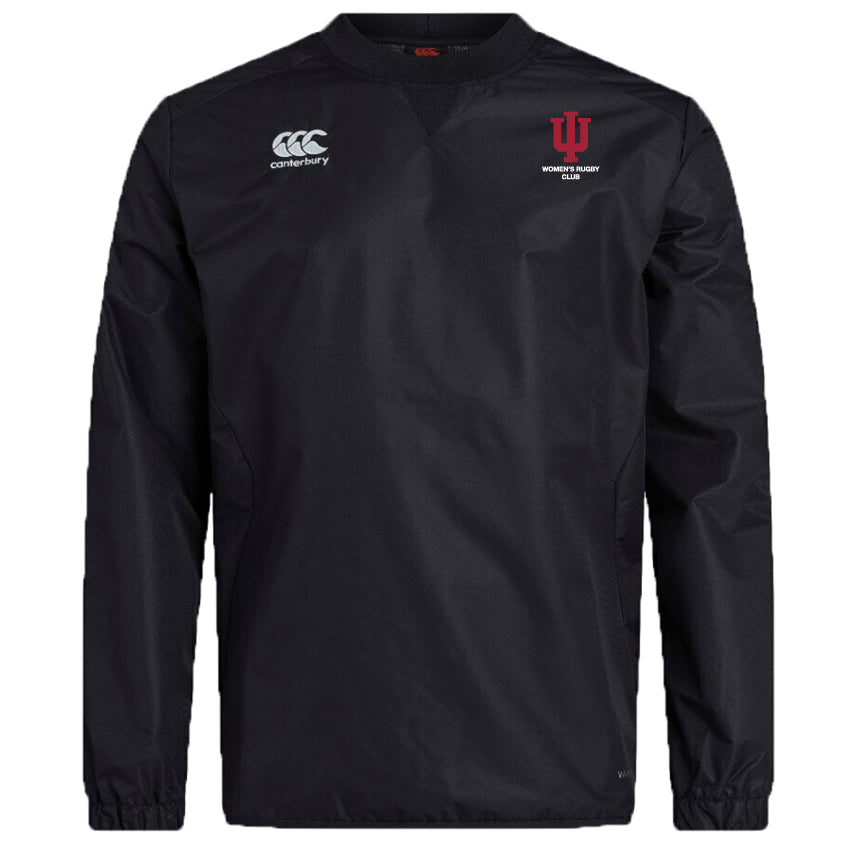 The Indiana University Women Club Vaposhield Contact Top by EMB Canterbury is a black, long-sleeve rugby top featuring the Canterbury logo on the right chest and "IU Women's Rugby Club" with a red trident on the left.
