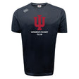 The Indiana University Women Tempo Vapodri T-Shirt by Canterbury is a black, moisture-wicking sports tee with a red trident logo and "Women's Rugby Club" on the front. Brand: WRS Canterbury.