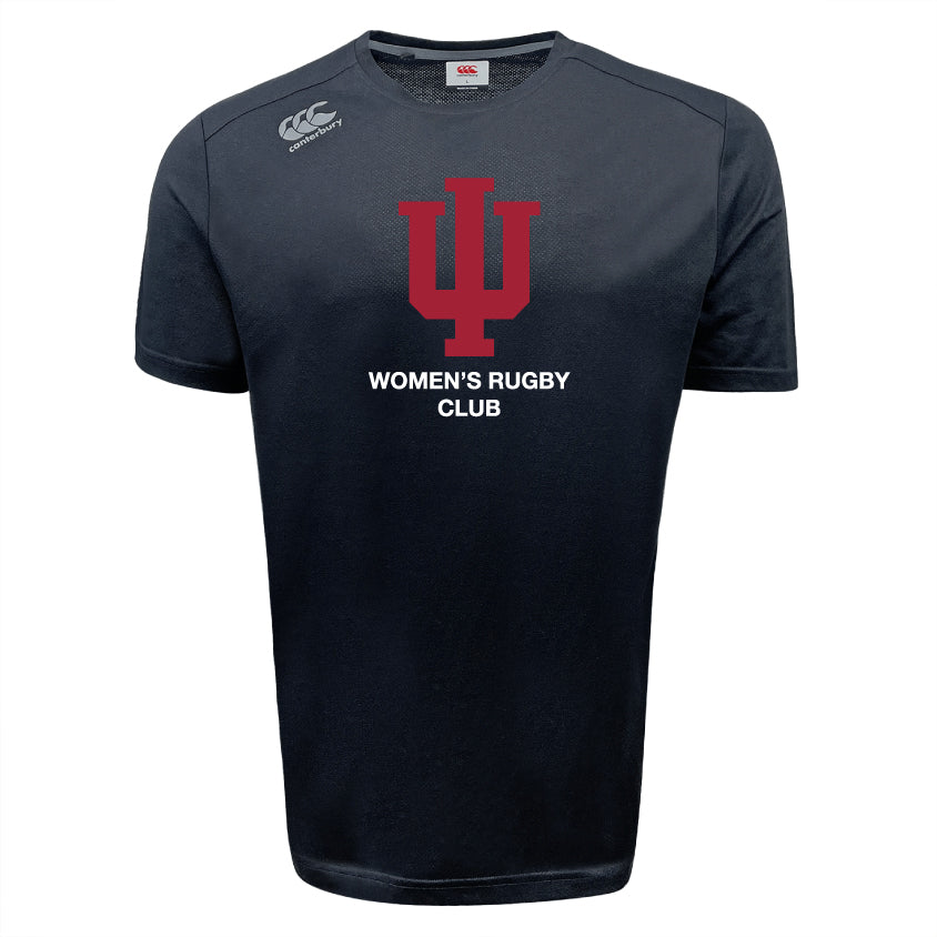 The Indiana University Women Tempo Vapodri T-Shirt by Canterbury is a black, moisture-wicking sports tee with a red trident logo and "Women's Rugby Club" on the front. Brand: WRS Canterbury.