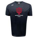 The Indiana University Women Tempo Vapodri T-Shirt by Canterbury is a black, moisture-wicking sports tee with a red trident logo and "Women's Rugby Club" on the front. Brand: WRS Canterbury.