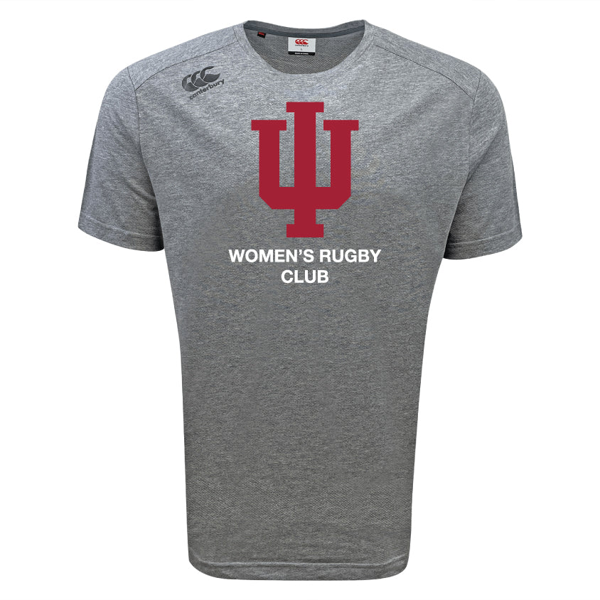 The Indiana University Women Tempo Vapodri T-Shirt by WRS Canterbury is a gray athletic shirt featuring a bold red Indiana University logo and "Women's Rugby Club" on the front.