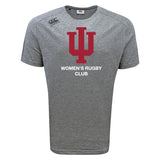 The Indiana University Women Tempo Vapodri T-Shirt by WRS Canterbury is a gray athletic shirt featuring a bold red Indiana University logo and "Women's Rugby Club" on the front.