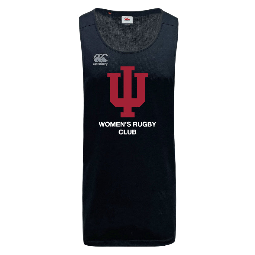 The Indiana University Women Tempo Vapodri Singlet by WRS Canterbury is a black, sleeveless moisture-wicking top with a red IU logo and "WOMEN'S RUGBY CLUB" on the front, designed for superior athletic performance.