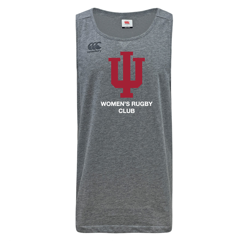 The Indiana University Women Tempo Vapodri Singlet by WRS Canterbury is a gray sleeveless athletic shirt with a red IU logo and "WOMEN'S RUGBY CLUB" text, made from recycled polyester for comfort and sustainability.