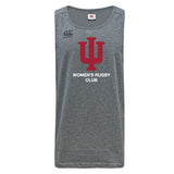 The Indiana University Women Tempo Vapodri Singlet by WRS Canterbury is a gray sleeveless athletic shirt with a red IU logo and "WOMEN'S RUGBY CLUB" text, made from recycled polyester for comfort and sustainability.