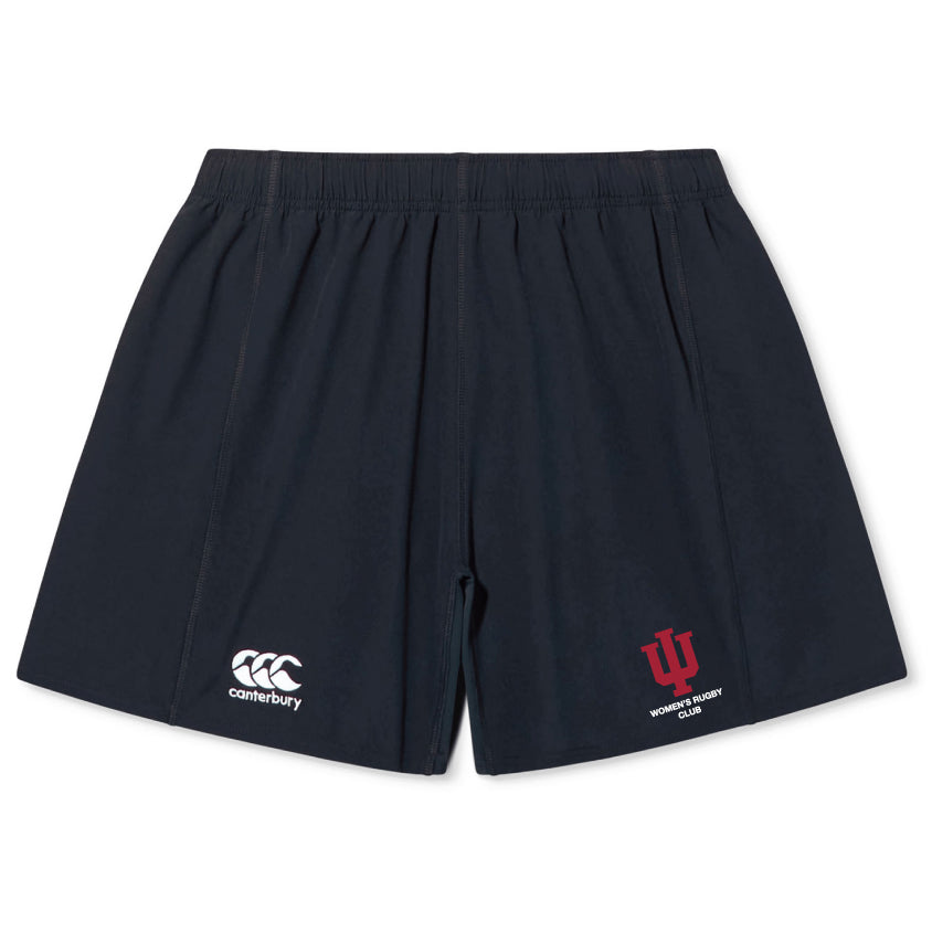 The Indiana University Women Yokohama Short by EMB Canterbury features the Canterbury logo on the left leg and a red "IU Women's Rugby Club" logo on the right. Lightweight and durable, these shorts are perfect for training or match day.