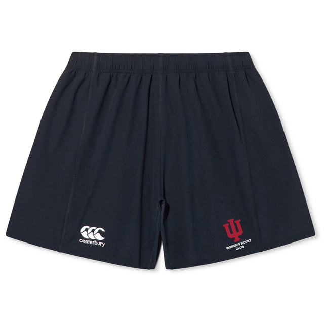 The Indiana University Women Yokohama Short by EMB Canterbury features the Canterbury logo on the left leg and a red "IU Women's Rugby Club" logo on the right. Lightweight and durable, these shorts are perfect for training or match day.