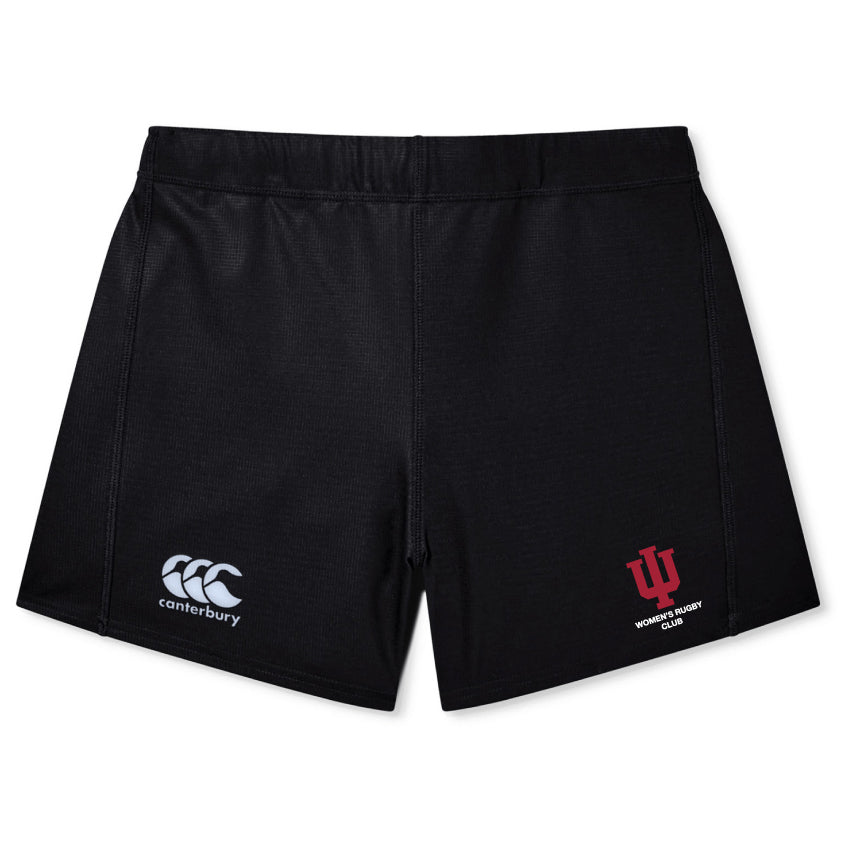 The EMB Canterbury Indiana University Women Women's Yokohama Short features the IU Women’s Rugby Club logo on the right leg and the Canterbury logo on the left, designed in the classic Yokohama rugby short style.