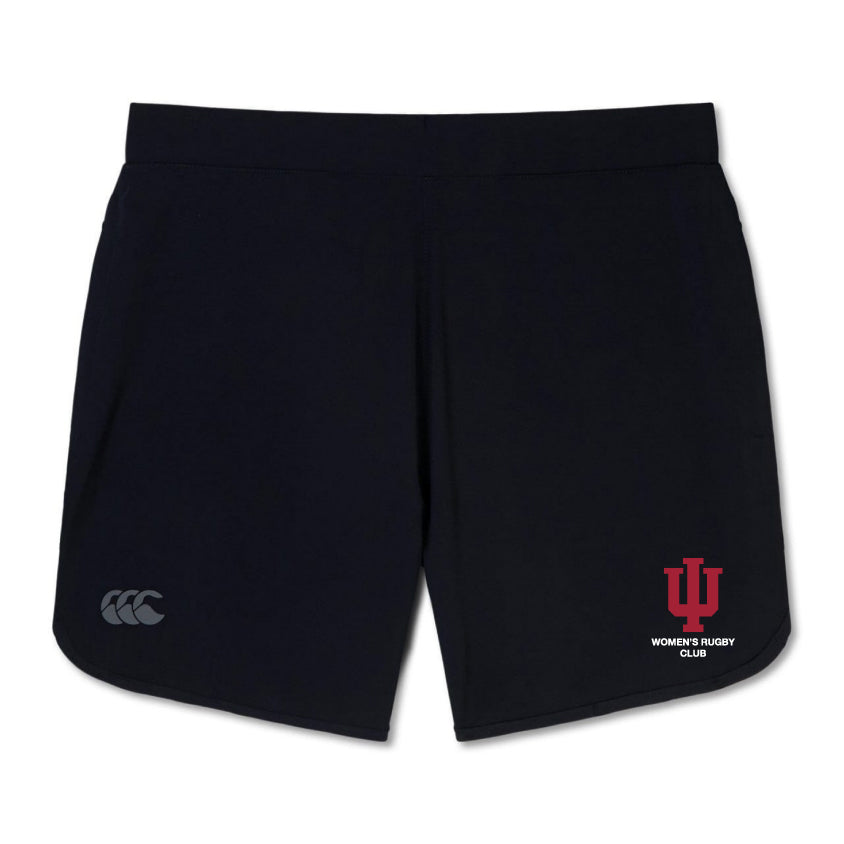 The Indiana University Women’s Elite Woven Short by EMB Canterbury features the CCC logo on the left leg and a red IU Women's Rugby Club logo on the right—ideal gym shorts for intense workouts.