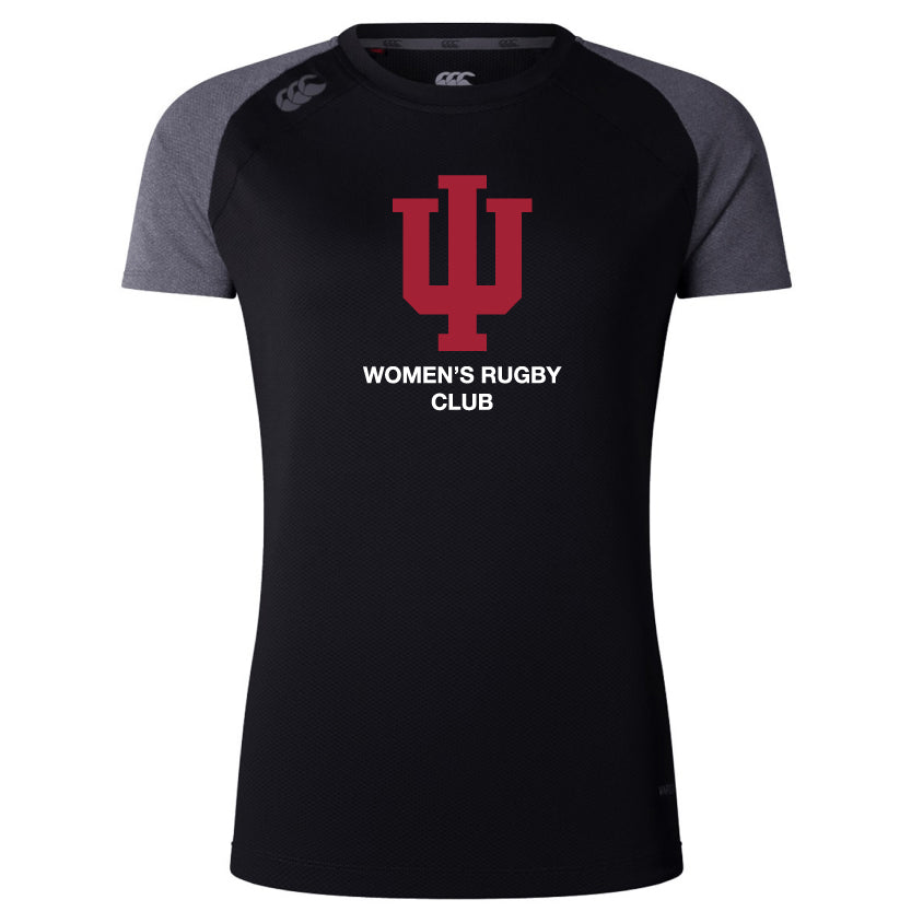 The Indiana University Women Women's Elite Training Tee by WRS Canterbury features a black and gray short-sleeve design with the school logo and "Women's Rugby Club" printed on front—ideal lightweight shirt for active workouts.