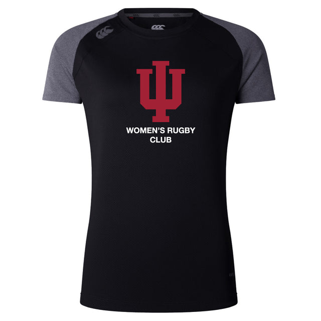 The Indiana University Women Women's Elite Training Tee by WRS Canterbury features a black and gray short-sleeve design with the school logo and "Women's Rugby Club" printed on front—ideal lightweight shirt for active workouts.