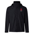 The Indiana University Women Elite Storm Jacket by EMB Canterbury is a black, breathable hooded jacket with the IU logo and "Women's Rugby Club" in white/red on the left chest plus a white logo on the right shoulder—ideal for pitchside support.