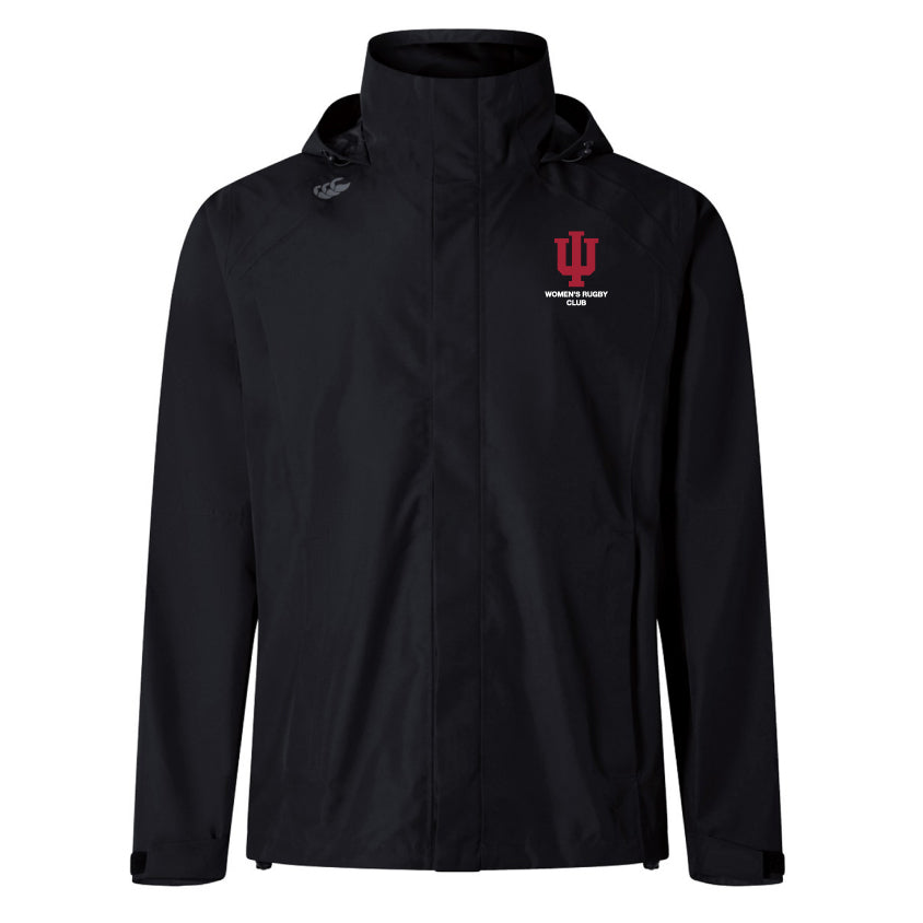 The Indiana University Women Elite Storm Jacket by EMB Canterbury is a black, breathable hooded jacket with the IU logo and "Women's Rugby Club" in white/red on the left chest plus a white logo on the right shoulder—ideal for pitchside support.