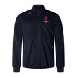 The EMB Canterbury Indiana University Women Elite Windstopper Jacket features a black zip-up design, “IU Women’s Rugby Club” and red IU logo on the left chest, two zippered side pockets, and a high collar.