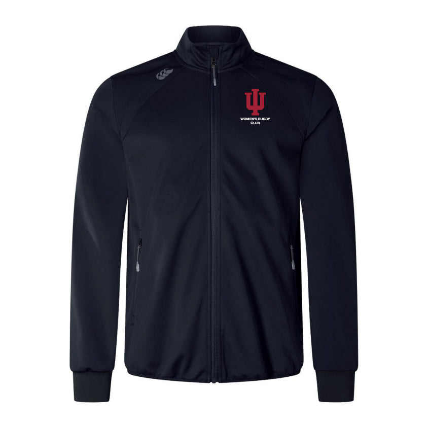 The EMB Canterbury Indiana University Women Elite Windstopper Jacket features a black zip-up design, “IU Women’s Rugby Club” and red IU logo on the left chest, two zippered side pockets, and a high collar.