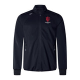 The EMB Canterbury Indiana University Women Elite Windstopper Jacket features a black zip-up design, “IU Women’s Rugby Club” and red IU logo on the left chest, two zippered side pockets, and a high collar.