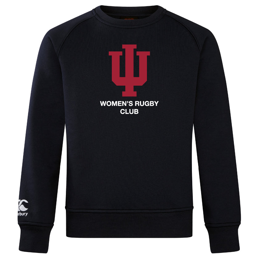 The Indiana University Women Club Crew Sweatshirt by WRS Canterbury is a black, ultra-soft sweatshirt featuring a red IU trident above “WOMEN'S RUGBY CLUB” in white and an embroidered CCC logo on the left sleeve.