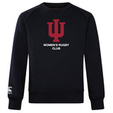 The Indiana University Women Club Crew Sweatshirt by WRS Canterbury is a black, ultra-soft sweatshirt featuring a red IU trident above “WOMEN'S RUGBY CLUB” in white and an embroidered CCC logo on the left sleeve.