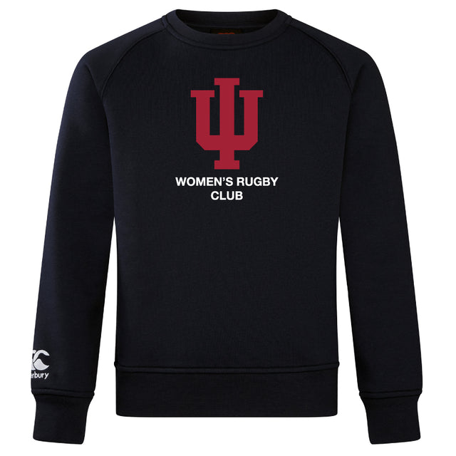 The Indiana University Women Club Crew Sweatshirt by WRS Canterbury is a black, ultra-soft sweatshirt featuring a red IU trident above “WOMEN'S RUGBY CLUB” in white and an embroidered CCC logo on the left sleeve.