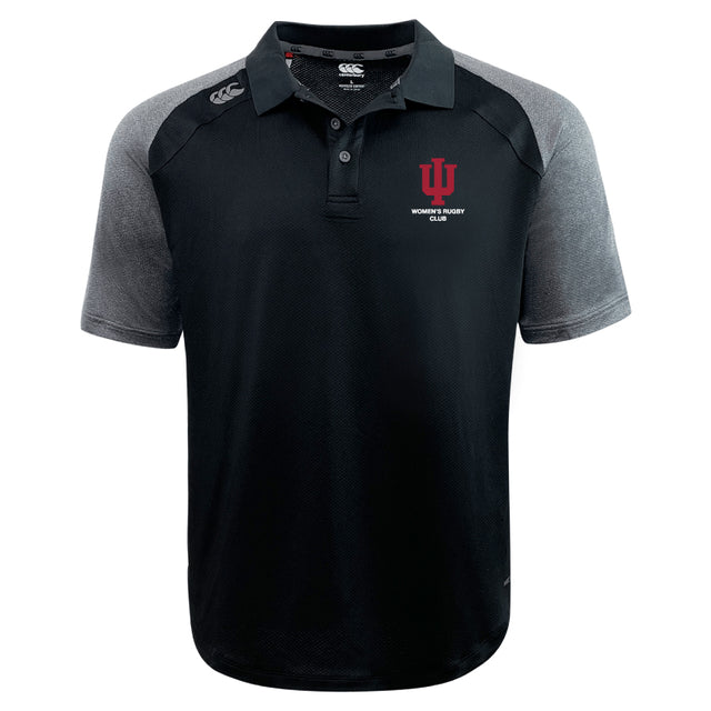 The Indiana University Women Elite Polo by Canterbury features black and gray colors, "IU Women's Rugby Club" and logo on the left chest, a Canterbury logo on the right shoulder, and lightweight Vapodri fabric for comfort.
