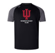 The Indiana University Women Elite Training Tee by WRS Canterbury is a black and gray short-sleeve shirt with a red IU trident logo and "WOMEN'S RUGBY CLUB" on the front, crafted from lightweight, durable material.