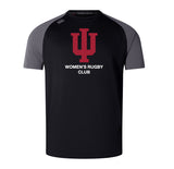 The Indiana University Women Elite Training Tee by WRS Canterbury is a black and gray short-sleeve shirt with a red IU trident logo and "WOMEN'S RUGBY CLUB" on the front, crafted from lightweight, durable material.