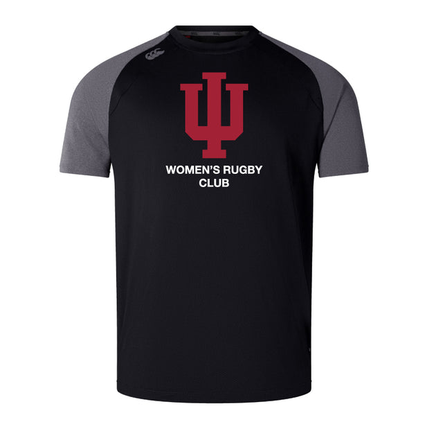 The Indiana University Women Elite Training Tee by WRS Canterbury is a black and gray short-sleeve shirt with a red IU trident logo and "WOMEN'S RUGBY CLUB" on the front, crafted from lightweight, durable material.