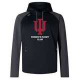 The Indiana University Women Elite Training Hoody by WRS Canterbury features a black and gray design with a bold red IU logo and "Women's Rugby Club" on the front, combining premium sportswear style with comfort.