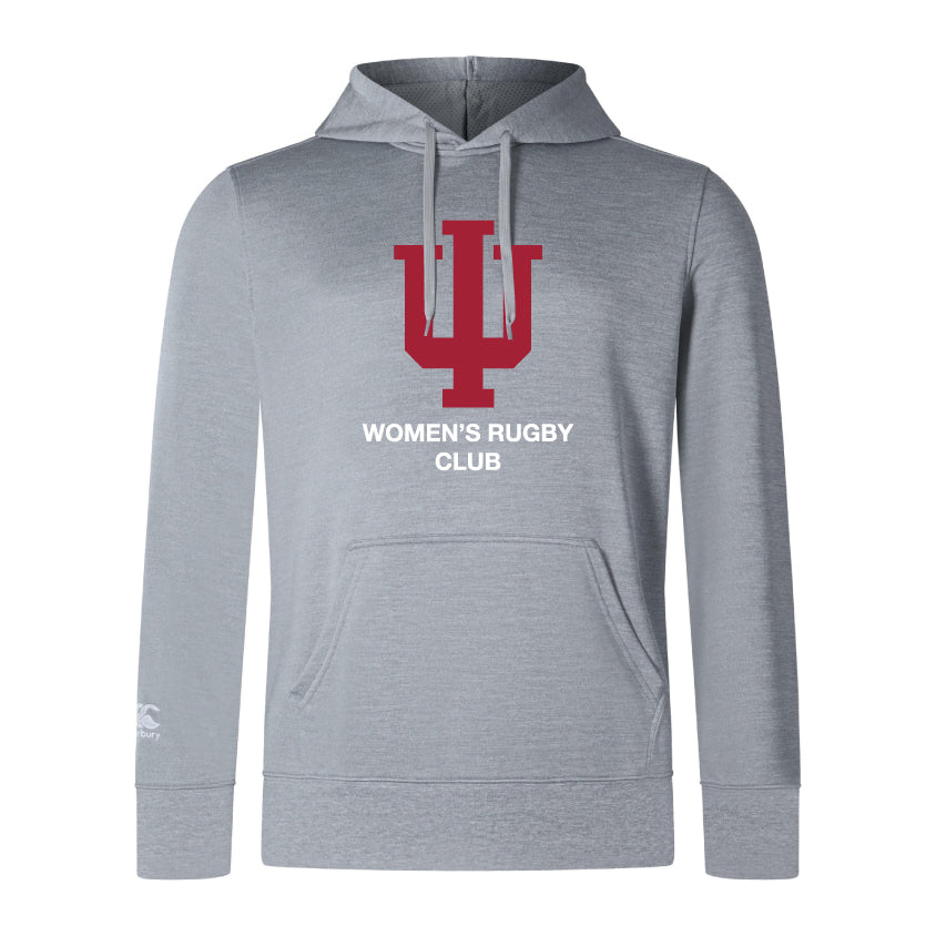 The Indiana University Women Club Lightweight Hoodie by WRS Canterbury features a bold red "IU" logo, "WOMEN'S RUGBY CLUB" in white on light gray, plus a comfy kangaroo pocket.
